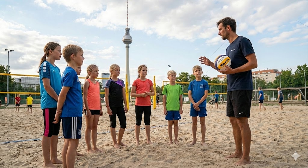 Mack McKelton beim Beachvolleyball-Training mit Kindern in Berlin